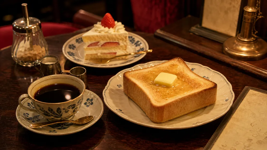 厚切りバタートーストと季節のショートケーキ、珈琲