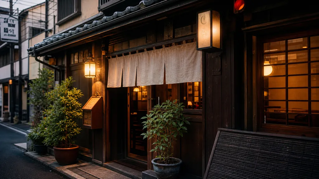 夕暮れの浅草、提灯が灯る喫茶店の外観